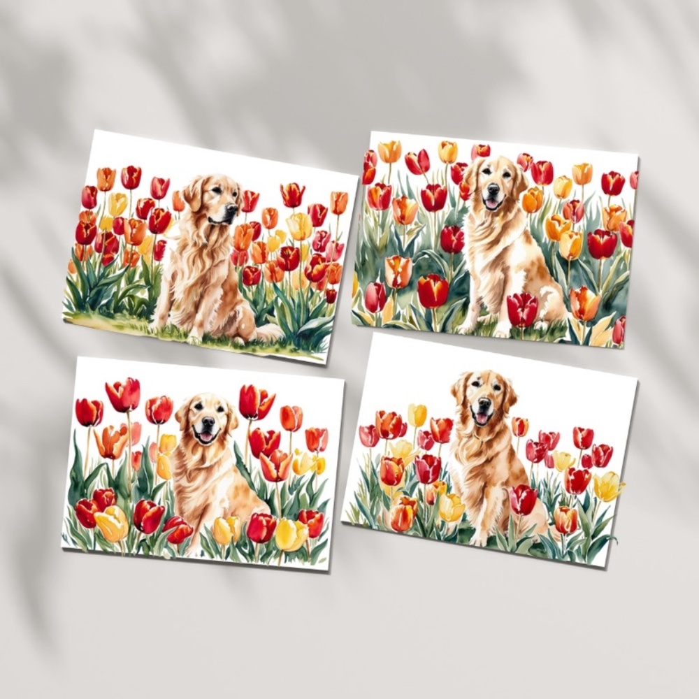 Golden Retriever  In A Field of Tulips Blank Note Card Pack  Shop with Purpose:
